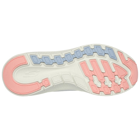 A sneaker's outsole is displayed featuring a pattern of blue and pink rubber sections with grooves designed for traction and flexibility set against a plain white background.