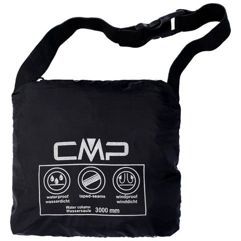 A compact black bag with a shoulder strap displays water-resistant symbols and text indicating features like waterproof and windproof properties with a water column measurement of 3000 mm.