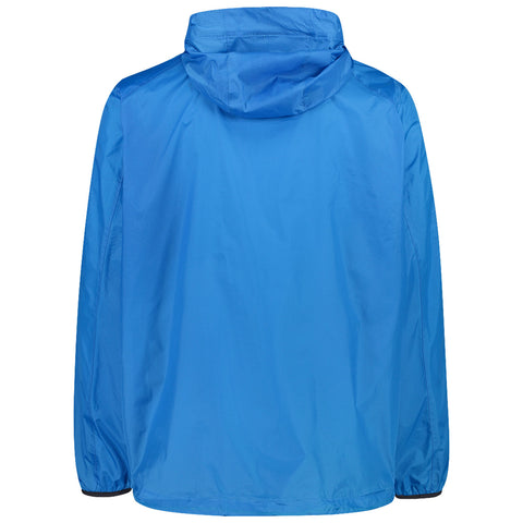 A blue jacket hangs upright showing its back features with a hood and elastic cuffs suggesting it is designed for outdoor activities in variable weather conditions.