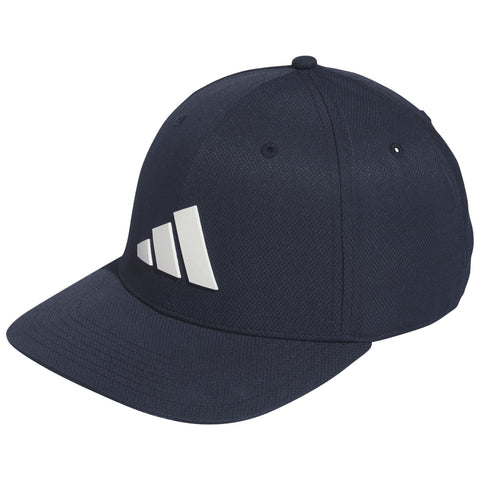 A navy blue cap with a flat brim features three white diagonal stripes on the front it is positioned at an angle against a plain background.