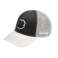 A baseball cap featuring a gray and white color scheme with a four-leaf clover emblem on the front and the text Live Lucky stitched on the side