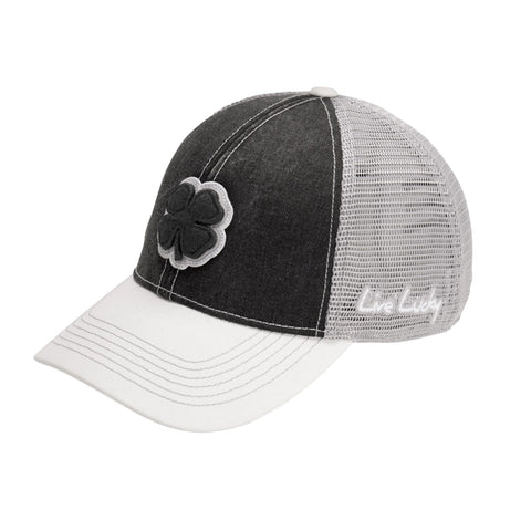 A baseball cap featuring a gray and white color scheme with a four-leaf clover emblem on the front and the text Live Lucky stitched on the side