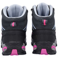 Two black and pink hiking shoes are positioned side by side showcasing their padded collars and textured soles designed for traction in outdoor environments.