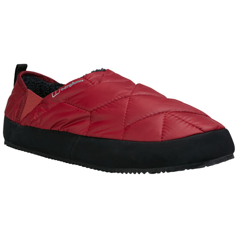 A red quilted slipper features a soft black sole and elastic side for easy slip-on wear, designed for comfort and warmth in casual indoor settings.