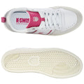 White and pink K-Swiss sneakers are displayed with the top view showing laces and logo while the sole is visible below indicating a sports or casual style in a clean background.