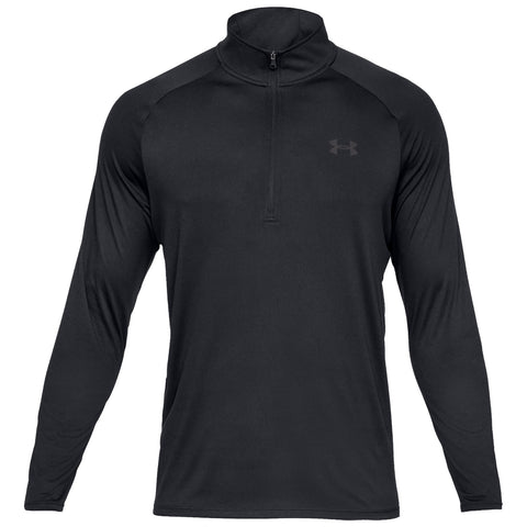 A black long-sleeve athletic shirt features a quarter-zip neck design showcasing a brand logo on the upper left side suitable for sports or casual wear.