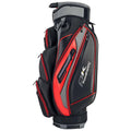 A golf bag stands upright featuring a sleek design in black and red with multiple zippered compartments for storage showcasing brand logo prominently on the side.