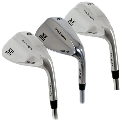 Three golf wedges are displayed in a vertical arrangement showcasing shiny metal heads with distinct angle designs. Each club has lettering indicating brand and specifications like loft angles and materials.