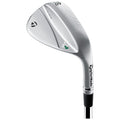 A silver golf wedge with a sleek design features grooves on the face for grip and precision aiming at an angle, showcasing branding and loft markings against a plain background.