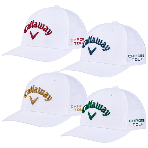 Four white baseball caps are displayed in a grid pattern each featuring the "Callaway" logo in different colors red gold green and navy along with "CHROME TOUR" text on the sides.