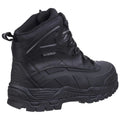 A black waterproof boot stands upright showcasing a textured rubber sole and reinforced ankle support designed for outdoor wear in wet environments.