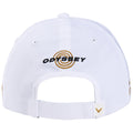 A white baseball cap is displayed with a circular logo and the text "ODYSSEY" embroidered in black and gold on the back, featuring a Velcro strap for adjustment.