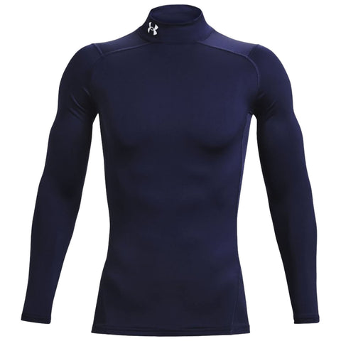 A long-sleeved athletic shirt with a mock neck accentuates a fitted design featuring a dark navy color and a logo on the collar suitable for sports or active wear.