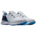 White golf shoes with blue accents are positioned together on a plain background showcasing a sleek design and spiked outsoles for traction during play.