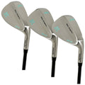 Three golf wedges are displayed with polished stainless steel heads featuring engraved numbers and text. The clubs rest horizontally with black shafts visible, indicating a focus on precision in golfing.