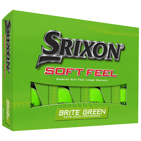 A green box contains golf balls labeled Srixon Soft Feel with text highlighting superior softness and distance in bright green color with matte finish in a sports context.