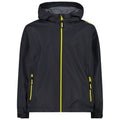 A black jacket with a hood hangs vertically the jacket features yellow zippers and accents with two side pockets it appears suitable for outdoor activities in varying weather conditions