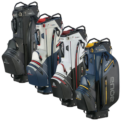 Four golf bags of various colors stand upright, showcasing their zippers and compartments, set against a neutral background, designed for carrying golf clubs and accessories.