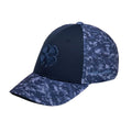 A navy blue cap is displayed featuring a four-leaf clover emblem on the front with a textured, patterned design. The cap is angled to reveal its curved brim and side logo.