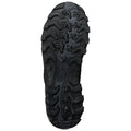 A black shoe sole with a rugged tread pattern sits flat. The design features deep grooves and protrusions for traction likely intended for outdoor or athletic activities.