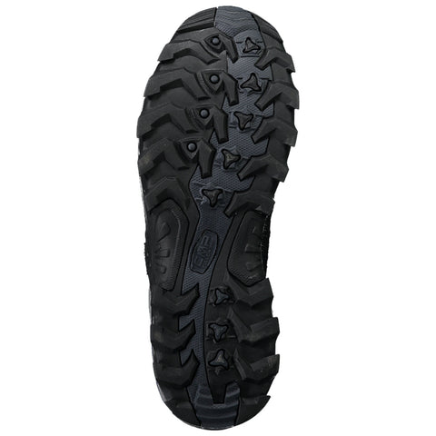 A black shoe sole with a rugged tread pattern sits flat. The design features deep grooves and protrusions for traction likely intended for outdoor or athletic activities.