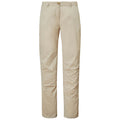 Light beige trousers are standing upright showcasing a smooth texture and a button at the waist in a neutral setting focused solely on the clothing item without distractions.