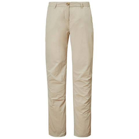 Light beige trousers are standing upright showcasing a smooth texture and a button at the waist in a neutral setting focused solely on the clothing item without distractions.