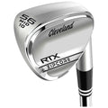 A golf wedge designed for precision features a polished silver finish with engraved branding and specifications details shows a clubhead angled for use on a golf course.