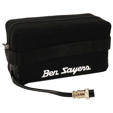 A black rectangular bag with a zipper is resting flat featuring the name Ben Sayers in white lettering on the side and a connector cable attached at one end.