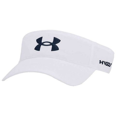 A white visor hat features a prominent dark logo at the front with a sporty design ideal for outdoor activities or sports use providing shade in bright sunlight.