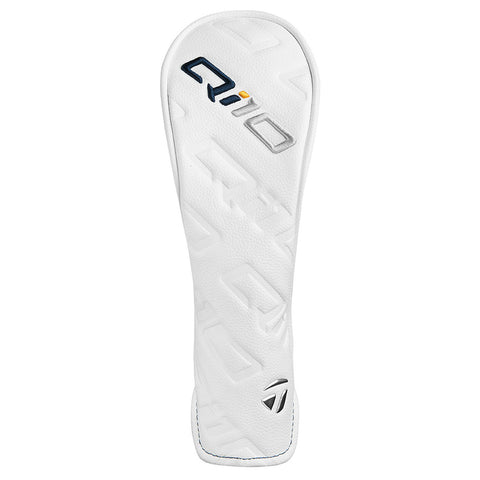 A white golf club headcover is placed upright showcasing its sleek design and smooth surface with embossed patterns and logos, indicating it is intended for protecting a golf club.