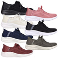 Seven pairs of athletic shoes in various colors are displayed side by side. Each shoe features a mesh upper and a cushioned sole designed for comfort and flexibility.