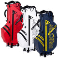 Three golf bags in red white and navy blue are displayed upright against a plain background showcasing their design and branding featuring the text DISCOVERY ULTRA DRY and emphasizing their functionality and style.