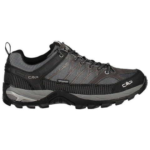 A black and gray waterproof outdoor shoe has a sturdy sole and reflective elements with laces on top sitting on a plain background showcasing its design and functionality.