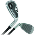 A golf club featuring a sleek metal head angled downwards is positioned against a white background showcasing the grooved face and polished shaft indicating readiness for a swing.