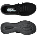 A black athletic shoe with a breathable mesh upper and a textured rubber sole sits flat showing both the top and bottom views highlighting its slip-on design and air-cooled memory foam features.