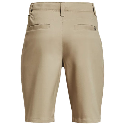 Beige shorts feature a tailored design with a smooth texture and a fitted waistband. They have two back pockets and are suitable for casual or semi-formal settings.