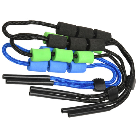 A collection of colorful coated cords features blue and green cylindrical beads with black rubber sections attached to thin black ropes and plastic tips, arranged in an intertwined manner.