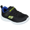 A black sneaker with a blue interior and a white sole rests on a flat surface featuring a strap with the brand name Skechers and a distinctive green logo.