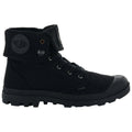 A black high-top boot features a canvas upper and rubber toe cap with a foldable collar displaying a logo includes metal eyelets and a rugged sole designed for durability and grip.