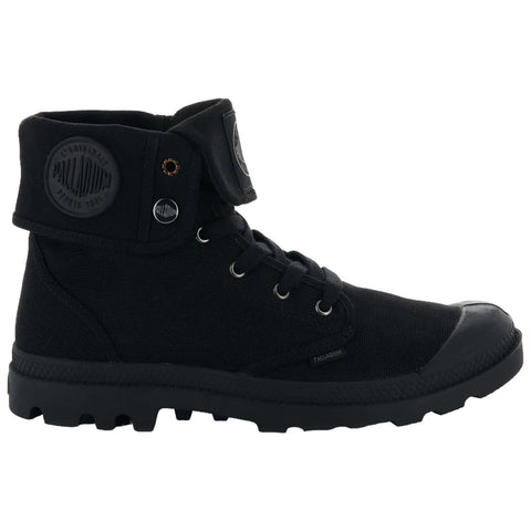 A black high-top boot features a canvas upper and rubber toe cap with a foldable collar displaying a logo includes metal eyelets and a rugged sole designed for durability and grip.