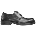 A black leather dress shoe is positioned sideways displaying its smooth surface and lace-up design featuring a low heel and a rounded toe designed for formal occasions and professional settings.