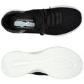 A pair of black Skechers slip-on shoes is displayed with a lightweight mesh upper and a white rubber outsole highlighting its sleek design. The inside features air-cooled memory foam for comfort.