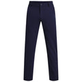 Navy trousers stand upright displaying a slim, tailored fit with a button and zipper closure showcased against a plain white background emphasizing their color and design features.