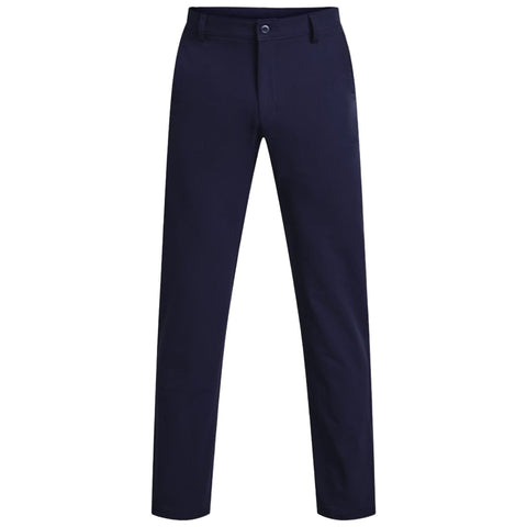 Navy trousers stand upright displaying a slim, tailored fit with a button and zipper closure showcased against a plain white background emphasizing their color and design features.