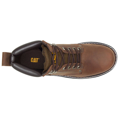 Brown leather work boot displaying metal eyelets and laces positioned vertically with a loop at the back for easy wear set against a plain white background