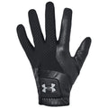 A black golf glove with a textured back and smooth palm is displayed. It is designed for athletic use and features a logo patch near the wrist.