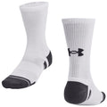 Two athletic socks are shown standing upright with a ribbed white design and dark gray accents. The socks are designed for comfort and support during physical activities.