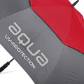 A gray and red umbrella features droplets of water on the surface and displays the text aqua UV-PROTECTION, indicating its purpose in providing shade and shelter from rain or sun.