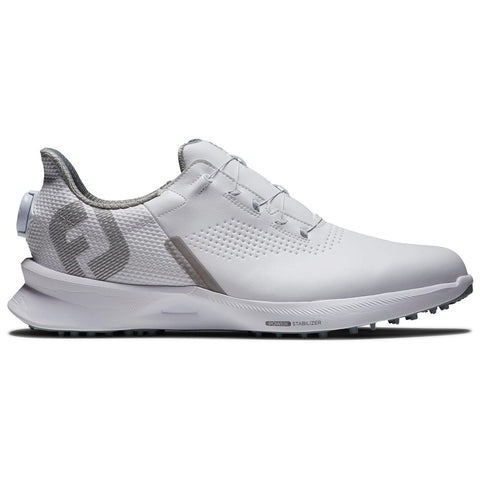 A white golf shoe features a sleek design with a textured upper and a lace system positioned centrally. It sits against a plain white background, emphasizing its modern aesthetic.